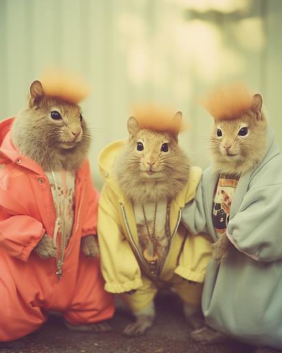 Over-the-top, corny 1980's, a ratatoskr squirrel family glamor photo, funny humanoid-squirrels, Kodak Gold 200 film effect, pastel laser beam background, coordinated outfits, soft focus, loud hair --ar 4:5 --c 4 --s 200 --w 32