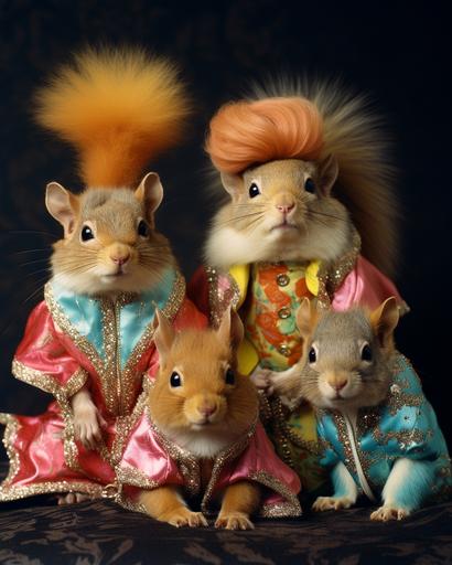 Over-the-top, corny 1980's, a ratatoskr squirrel family glamor photo, funny humanoid-squirrels, Kodak Gold 200 film effect, pastel laser beam background, coordinated outfits, soft focus, feathered hair --ar 4:5 --c 4 --s 200