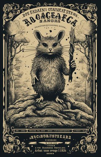 Ratatoskr centered, Yggdrasil and acorns as secondary elements, punk rock style concert flyer, jagged fonts, heavy ink textures, lithograph medium --ar 11:17 --seed 44 --c 7 --s 175