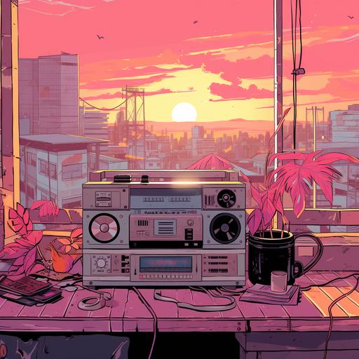 Retro armillarywave aesthetic, risograph, overlay muted pastels, bustling 80s streets, cassette tape x vintage radio, abstract lofi soundwaves