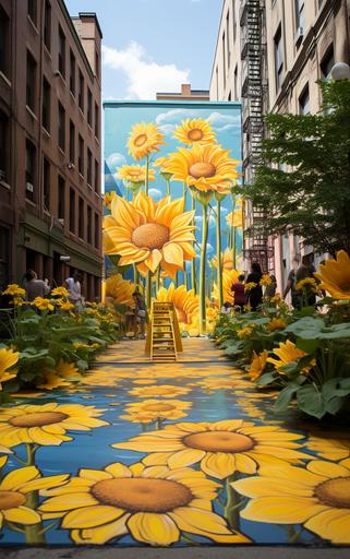 Sidewalk Symphony, realistic scene of an NYC street, Children, craft, sidewalk chalk art, pink, sunflower yellow, extends, 3D illusion --ar 5:8 --v 5.2 --s 500