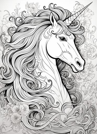 a blank coloring book page, a mystical unicorn as a color-by-number design, with each hue unveiling an array of greeble details in its mane, tail, and horn, presenting a dreamy portrayal of fantasy realms --ar 8:11