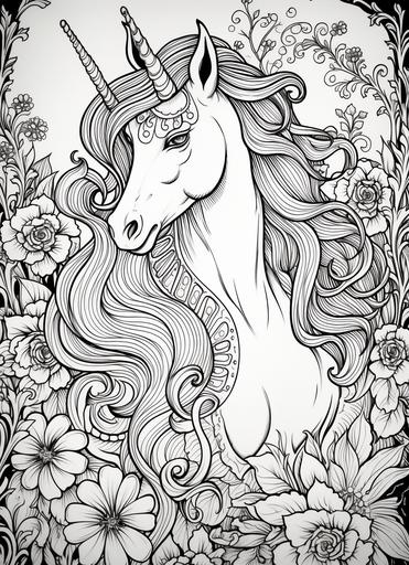 a blank coloring book page, a mystical unicorn as a color-by-number design, with each hue unveiling an array of greeble details in its mane, tail, and horn, presenting a dreamy portrayal of fantasy realms --ar 8:11