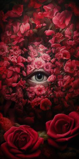 an illustration of a eye surrounded by roses, pink carnations, and other topiarys, in the style of max rive, attention to fur and feathers texture, dino valls, realist detail, surrealistic grotesque, 8k resolution, realistic depiction of light --v 5.2 --ar 1:2