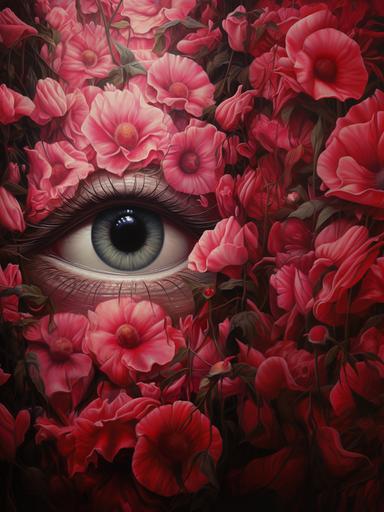an illustration of a eye surrounded by roses, pink carnations, and other topiarys, in the style of max rive, attention to fur and feathers texture, dino valls, realist detail, surrealistic grotesque, 8k resolution, realistic depiction of light --v 5.2
