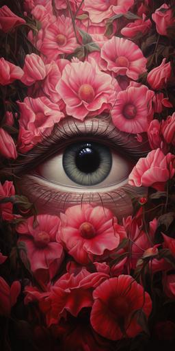 an illustration of a eye surrounded by roses, pink carnations, and other topiarys, in the style of max rive, attention to fur and feathers texture, dino valls, realist detail, surrealistic grotesque, 8k resolution, realistic depiction of light --ar 1:2 --v 5.2