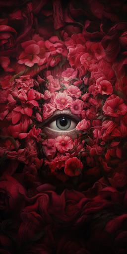 an illustration of a eye surrounded by roses, pink carnations, and other topiarys, in the style of max rive, attention to fur and feathers texture, dino valls, realist detail, surrealistic grotesque, 8k resolution, realistic depiction of light --v 5.2 --ar 1:2