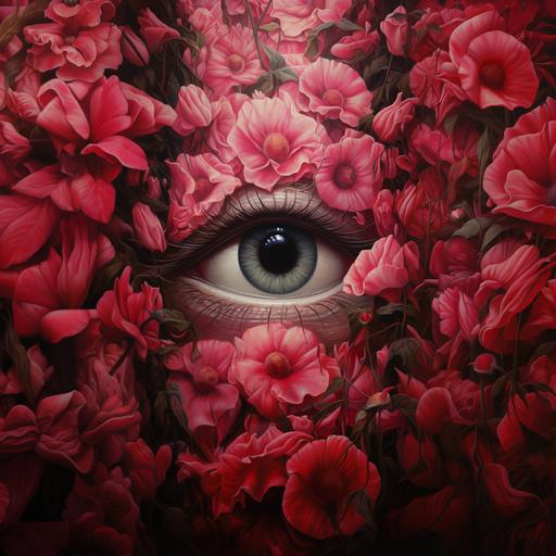 an illustration of a eye surrounded by roses, pink carnations, and other topiarys, in the style of max rive, attention to fur and feathers texture, dino valls, realist detail, surrealistic grotesque, 8k resolution, realistic depiction of light --v 5.2