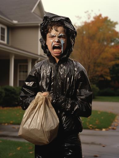 angry and embarrassed teen wearing moms home-made Halloween costume, made from corrugated black plastic bags, trick-or-treat fails, 1990 vibe, 35mm --ar 3:4 --c 6