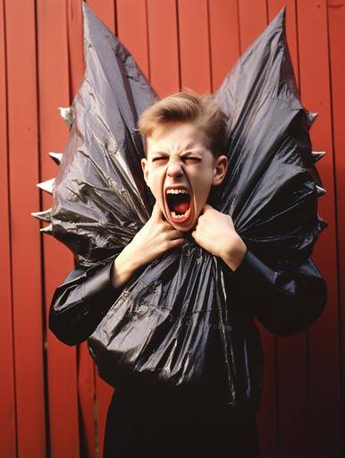 angry and embarrassed teen wearing moms home-made vampire-bat Halloween costume, made from corrugated black plastic bags, trick-or-treat fails, 1990 vibe, 35mm --ar 3:4 --c 6