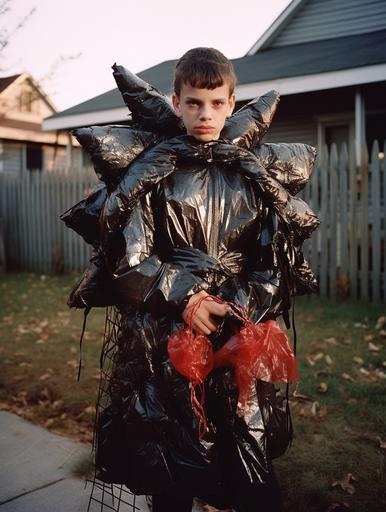 angry and embarrassed teen wearing moms home-made vampire-bat Halloween costume, made from corrugated black plastic bags, trick-or-treat fails, 1990 vibe, 35mm --ar 3:4 --c 6