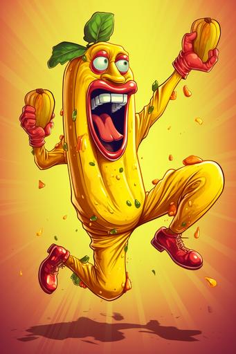 banana man in funny yellow suit dancing around and singing 