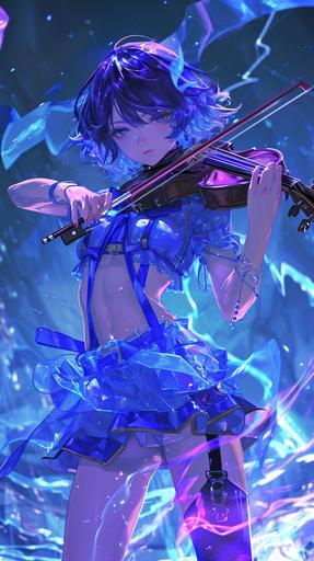 chalcedony anime character in blue and purple holding a violin, anime violinpunk kanji character yoshiro ai, in the style of fujii yoshitoyo, slim thick, angelcore, anime aesthetic, blink-and-you-miss-it detail, group f/64, dark indigo and light cyan, lightningwave, translucent overlapping, negative spaces, translucent planes, violet --ar 9:16 --s 75 --v 6.0