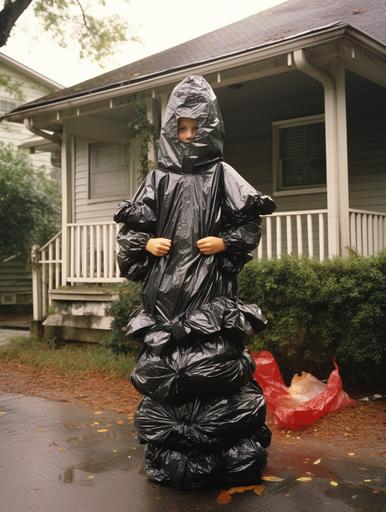 embarrassed teen wearing moms home-made Halloween costume, made from corrugated black plastic bags, not that scarry photo, 1990 vibe, 35mm --ar 3:4 --c 6