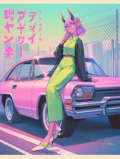 hannya demoness, album art, cover of a 1 9 8 0 s japanese city - pop record featuring an anime illustration by akira toriyama. slim thick stylish woman; retro jdm car; neon ; urban summer drive, superb --c 6 --ar 3:4 --niji 5