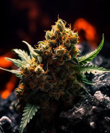 hybrid indoor plant, marijuana kush strain, psycho wulfenite cough, macro shot, crystalized tricombs --ar 5:6