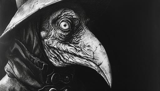hyperdetailed masked plague doctor, fountain pen ink drawing, cross hatching shading, medieval grungewave ink art::1 surrealism::0.4 mock-up, cropped, sloppy/messy::-0.5 --ar 7:4 --stylize 175 --v 6.0