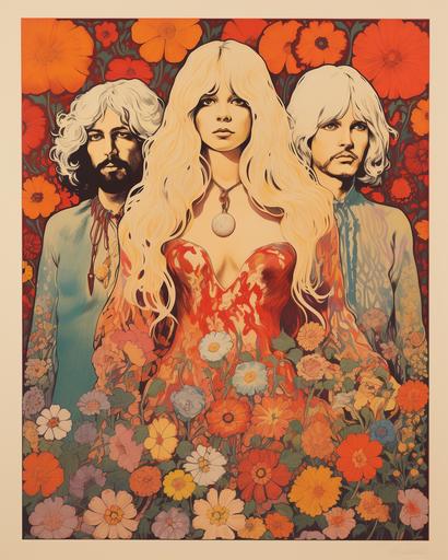 kaleidoscopic Fleetwood Mac, vintage color lithograph, western hippie, love, melodic --ar 8:10 --s 130 --c 6