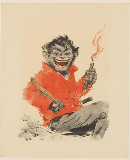 lithograph of Sun Wukong Tells a Joke, Crayon Drawing on Paper, William Gropper, 1950s style --w 22 --ar 9:11