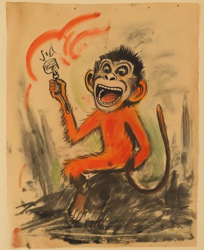 lithograph of Sun Wukong Tells a Joke, Crayon Drawing on Paper, William Gropper, 1950s style --w 22 --ar 9:11