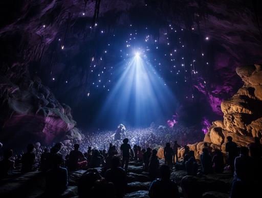 this photo captures once in a lifetime cave rave party, son doong, showcasing its breathtaking lights & colors, midnight purple hour, 70mm, NatGeo Wild --ar 4:3 --style raw
