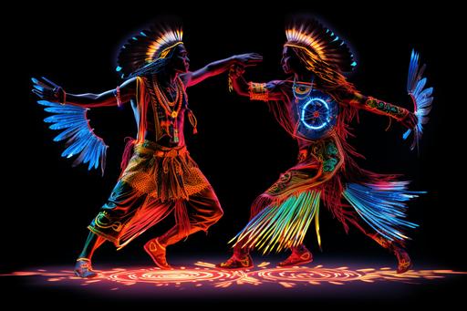 two characters in the dark are dancing at the same time, in the style of colorful fluorescent fantasy realism, idealized native Americans, mixed media marvel, cross-processing/processed, stencil-based, detailed feather rendering, emphasis on character design --ar 3:2 --v 5.2