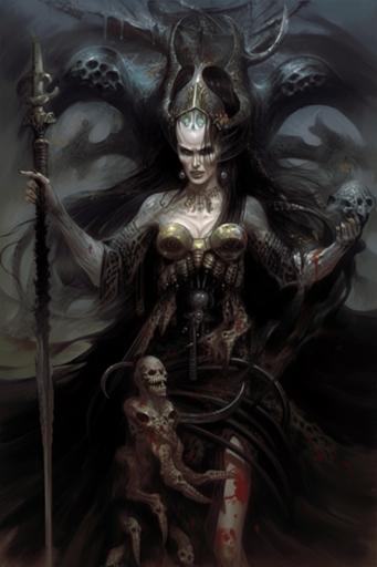 acubi, Queen of Necromancy, in action, Lovecraftian, occult, by Sanjulian, Royo and Giger --ar 2:3 --c 70 --v 5a