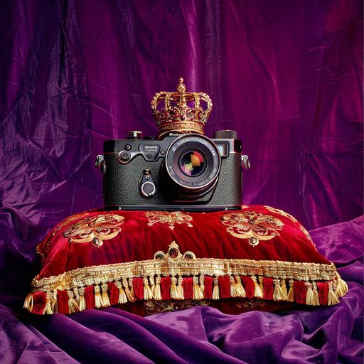 ad for camera, camera sitting on top of a red velvet pillow with a crown on it purple velvet background --v 6.0