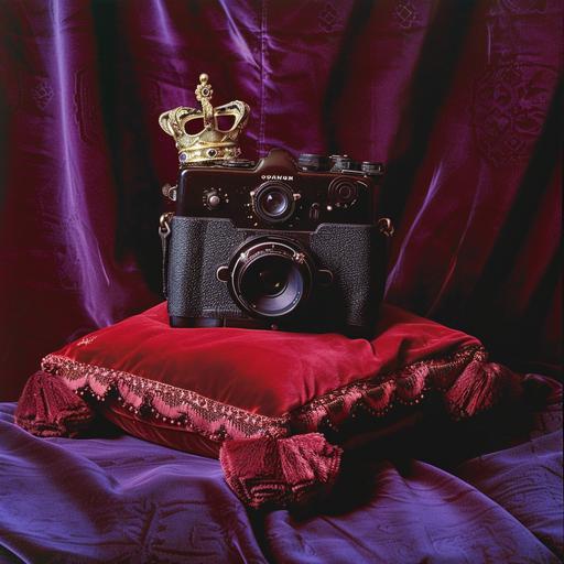 ad for camera, camera sitting on top of a red velvet pillow with a crown on it purple velvet background --v 6.0