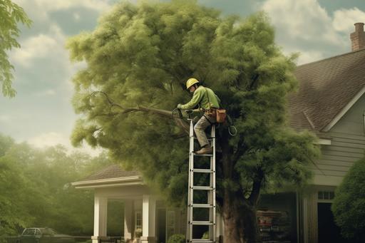 ad for tree trimming service. have arborist on ladder prunning tree, high detail, photo realism --ar 3:2