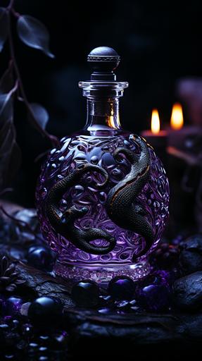 small full black glass bottle perfume, purple orchid dark in background, purple moon in background with small snake, water texture, 4k photography, minimalist branding black luxury, beautiful light smooth, --ar 9:16 --v 5.2 --s 750