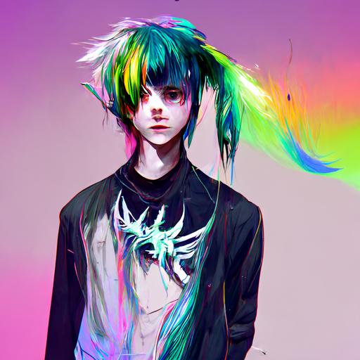 Teenage anime boy demon, iridescent hair, popular on pixiv --hd --w 512 --h 512 --uplight