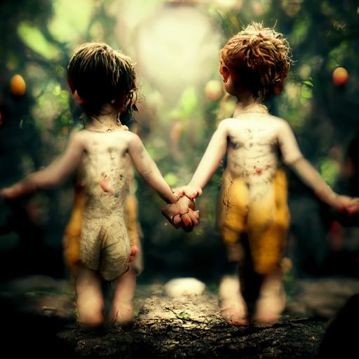 adam and eve children, photo realistic, cinematic perspective, hyper detail, high contrast, 8k