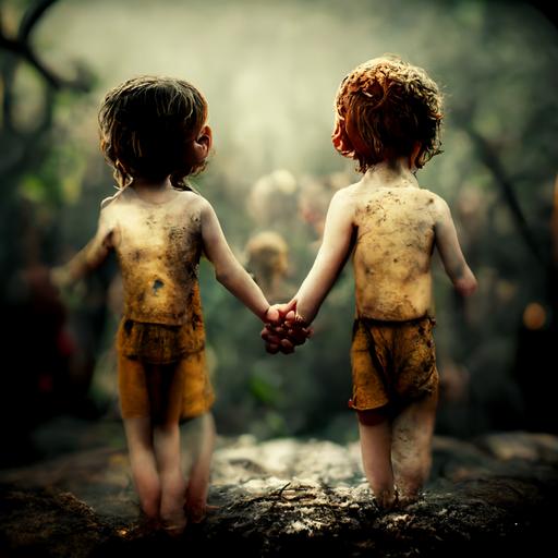 adam and eve children, photo realistic, cinematic perspective, hyper detail, high contrast, 8k
