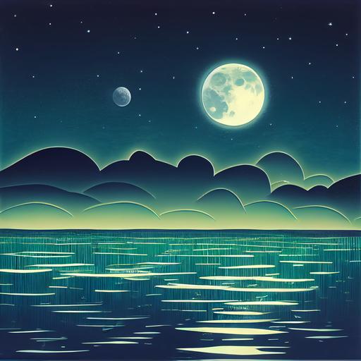 Background , a calm lake with small boats, night with full moon and a curved sign on the moon, in front of the lake a white skyrocket building with blue lights and green plants, ultra realistic --test --creative --upbeta --upbeta --upbeta