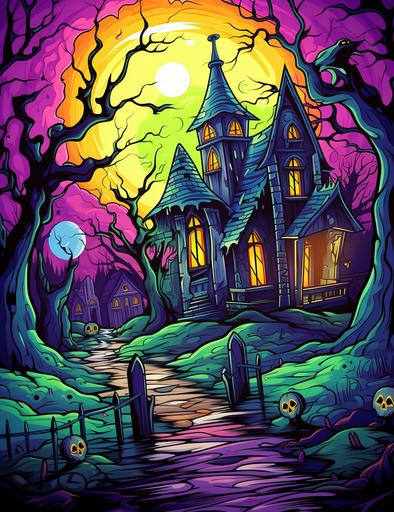 adolt ilustration cemetery, with funny ghosts, zombie, bats andold house in the backgground, cartoon style, thick lines, with detail,vivid color --ar 85:110