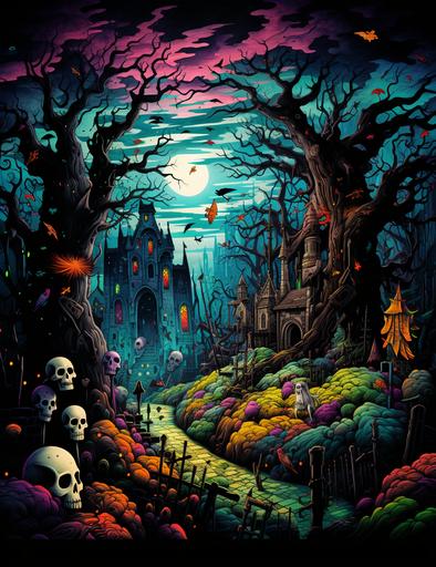 adolt ilustration cemetery, with funny ghosts, zombie, bats andold cemetery in the background, thick lines, with detail,vivid color --ar 85:110
