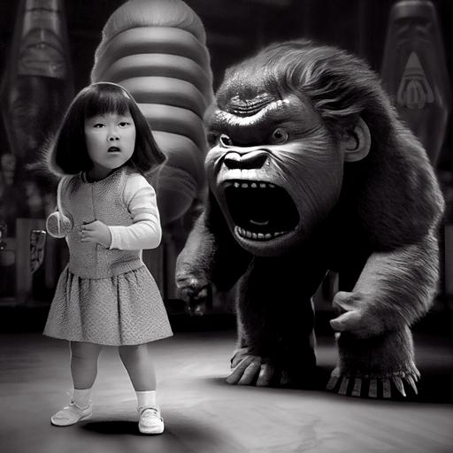 adorable 4 year old Chinese American girl throwing toy at large gorilla kaiju with big lips, black and white, cockpit background, symmetrical faces, symmetrical eyes, photorealistic, ultradetailed, 35mm, photorealistic, retro 1960s japan scifi movie --v 4 --upbeta --v 4