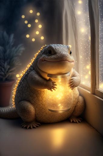 adorable Chonky baby fat round lizard sitting in a cozy room with a blizzard outside the window, glittery christmas lights --ar 2:3
