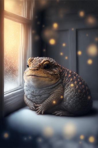 adorable Chonky baby fat round lizard sitting in a cozy room with a blizzard outside the window, glittery christmas lights --ar 2:3