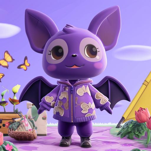 adorable animal crossing villager purple bat character in barbie outfit, nintendo graphics, 3D, hot vs cold --v 6.0