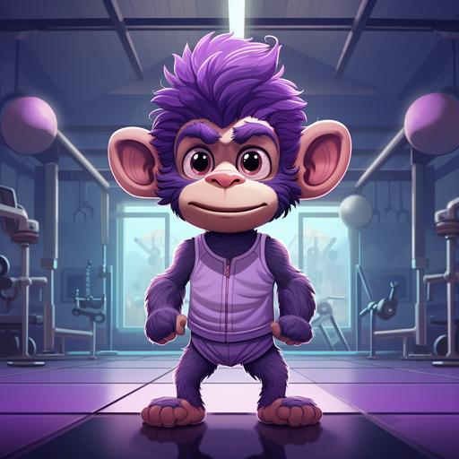 adorable cartoon purple monkey at the gym, wearing a white sweat band on forehead, chibi, purple fur, detailed, cinematic, gorillaz inspired art, Jamie Hewitt style — c30