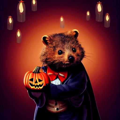 adorable chibi quokka wearing a dracula vampire red tuxedo halloween costume trick or treating holding a plastic pumpkin jack'o'lantern candy bucket