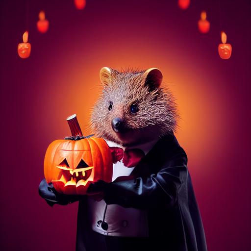 adorable chibi quokka wearing a dracula vampire red tuxedo halloween costume trick or treating holding a plastic pumpkin jack'o'lantern candy bucket trick or treating on halloween night --testp