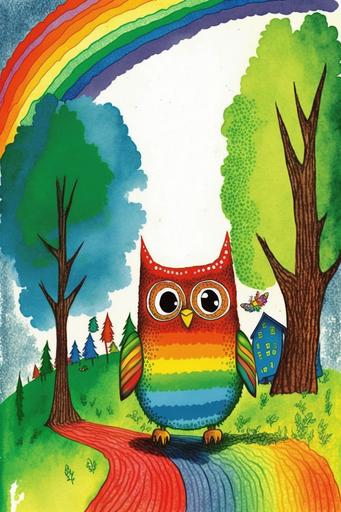 adorable colorful whimsical scenic superb owl 🦉 artwork by Eric Carle and Richard Scarry --v 4 --ar 2:3 --c 50 --s 1000