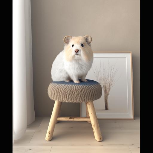 adorable fluffy hamster sitting on a stool, Scandinavian, clean, minimalist, modern, 3d render, photo, with inspiration feeling, with love feeling, light neutral colours, white, slate gray, light gray, wheat colour, 4k ultra high resolution, wood texture, textile