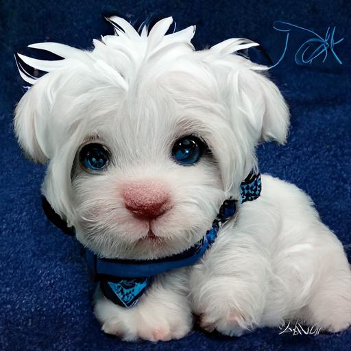 adorable white maltese puppy with a blue collar that says 