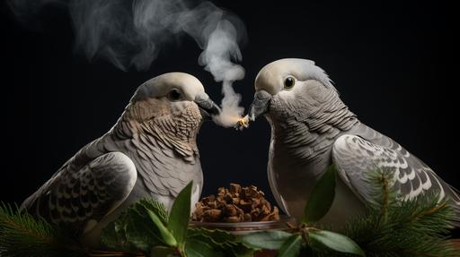 Hyper realistic christmas styled photo of two turtle doves holding a cannabis leaf in their beak --ar 16:9