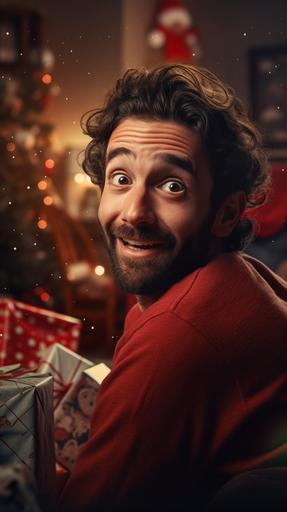 Hyper-realistic cinematic close up photo of young handsom dad on a chaotic Christmas morning in the living room. He looks pleased with himself because of the gift his wife just opened, with a smug closed mouth smile on his face. The photo should be filmic, lighting like a high end comercial or coca-cola ad --ar 9:16