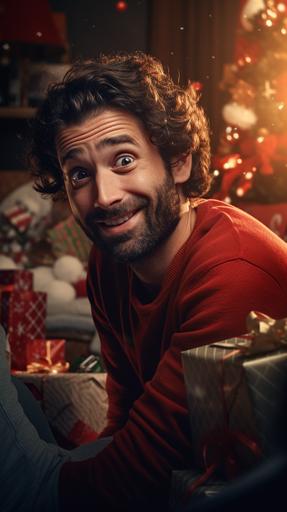 Hyper-realistic cinematic close up photo of young handsom dad on a chaotic Christmas morning in the living room. He looks pleased with himself because of the gift his wife just opened, with a smug closed mouth smile on his face. The photo should be filmic, lighting like a high end comercial or coca-cola ad --ar 9:16